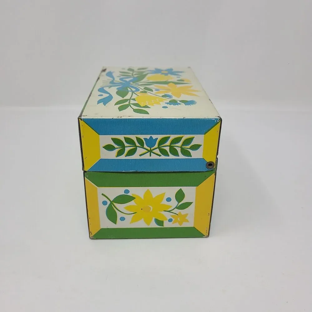Vintage Metal Recipe Box Floral Yellow White Blue Orange Syndicate Mfg Co *READ